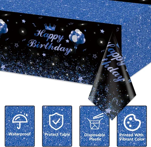 Vista 7 de 4 manteles de fiesta de feliz cumpleaños, color negro y azul, decoración de fiesta de color azul y negro, mantel rectangular de plástico para niños