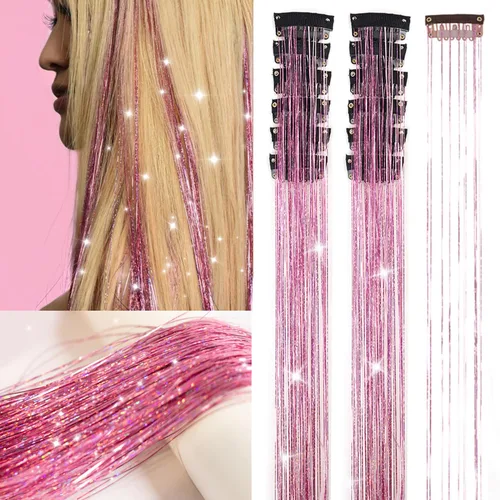 Vista 8 de Ubeleco Kit de oropel para cabello negro de 12 piezas, accesorios de cabello con clip de 52 cm, kit de oropel de pelo de hada para Navidad y Año