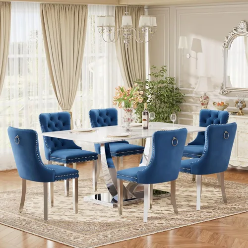 Vista 42 de Juego de mesa de comedor de cristal moderno de mediados de siglo para 4, 63 pulgadas, juego de comedor rectangular grande de lujo con parte superior