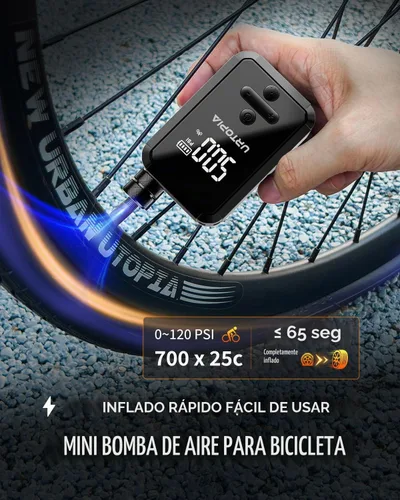 Vista 2 de URTOPIA Bomba eléctrica para bicicleta, bomba de aire de inflado rápido con medidor, hasta 150 PSI, disipación de calor eficiente, recargable