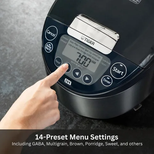 Vista 3 de Arrocera y calentador Tiger JPW-H10U con calefacción por inducción, con 14 ajustes preestablecidos de menú y pantalla LCD (5.5 tazas, Morado Negro)