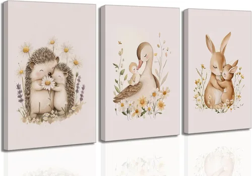 Vista 11 de UNDDISINS 3 piezas de lienzo para guardería de animales, arte de pared, acuarela, animales de bebé, pintura para decoración de pared, lindo