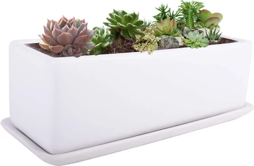 Vista 9 de Vencer Maceta rectangular moderna minimalista de cerámica para suculentas de 12 pulgadas, caja con ventana con platillo, soporte de escritorio