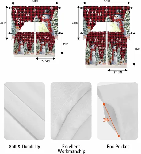 Vista 8 de Juego de cortinas de cocina con cenefa de Navidad de invierno, 3 piezas con bolsillo para barra, cortinas para dormitorio, sala de estar, baño