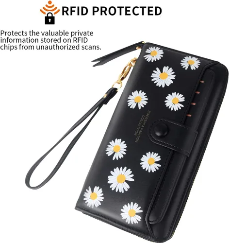 Vista 6 de Cartera de cuero para mujer, con bloqueo RFID, bolsillo con cremallera, tarjetero con ventana de identificación