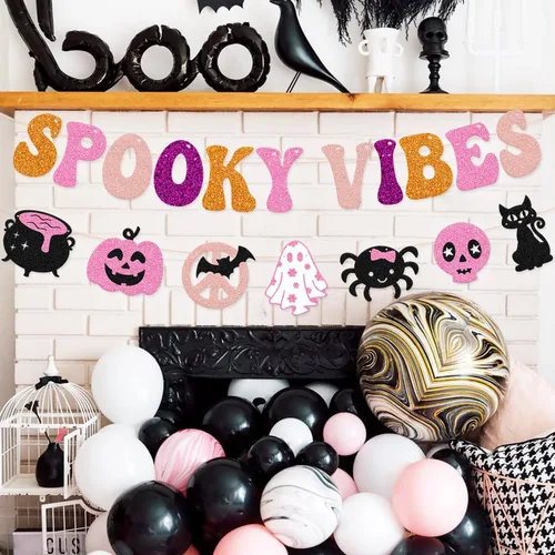 Vista 7 de Pancarta de Halloween espeluznante decoración espeluznante hippie guirnalda de Halloween groovy retro fantasma murciélagos araña, gatos, calavera