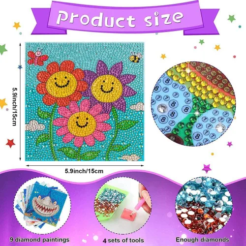 Vista 2 de DIZAKIM Kits de pintura de diamantes para niños, paquete de 6 gemas para niños de 8 a 12 años, arte de diamantes fácil para principiantes