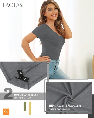 Vista 22 de LAOLASI Body con cuello en V para mujer, ajustado, casual, extensor