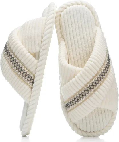 Vista 20 de GOEWY - Pantuflas para mujer con espuma viscoelástica para el hogar, con entretejido de pana, tiras cruzadas, con punta abierta, sandalias cómodas
