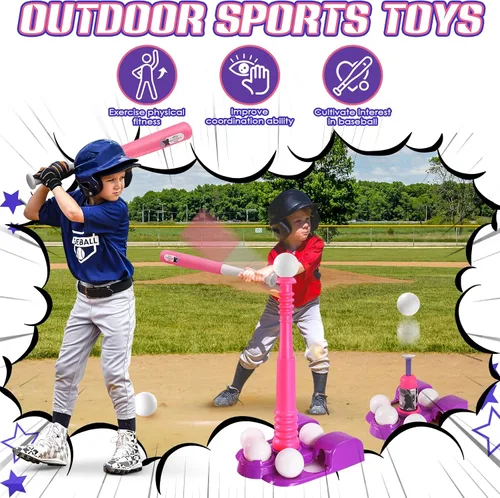 Vista 3 de Juego de pelota para niños, juegos de bolas en T rosa para niños pequeños de 1 a 3 años, juguetes de béisbol con 6 bolas/guante/máquina