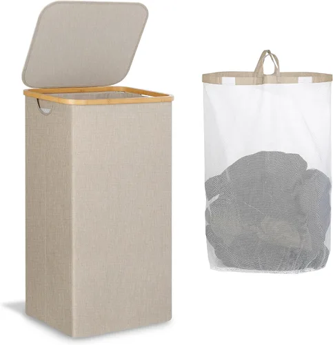 Vista 15 de iEGrow Cesta de lavandería con tapa, cesta grande de lavandería de 110 litros con asa y tapa, organizador de ropa plegable con bolsa interior Beige