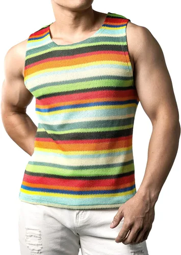 Vista 3 de JOGAL Camisas sin mangas a rayas arcoíris para hombre, camisetas sin mangas casuales multicolor