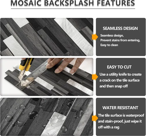 Vista 4 de STICKGOO 2 Hojas de Azulejos Adhesivos Despegables para Salpicadero, Azulejos Adhesivos para Salpicadero de Cocina y Baño, Aspecto de Madera Negro