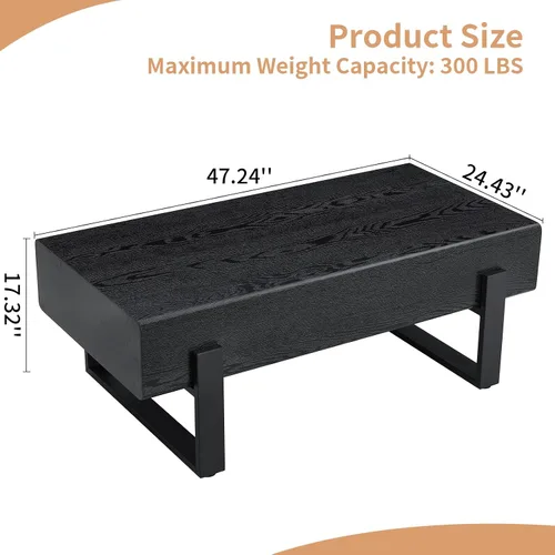 Vista 2 de Mesa de Centro Rectangular de 47.24", Mesa de Centro de Madera con Tablero de 7.8" de Grosor, Patas de Metal, Esquinas Redondeadas para Sala