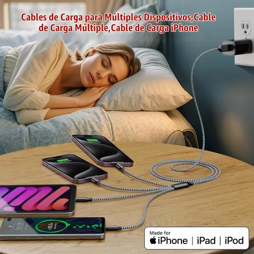 Vista 9 de Doub Tyep-C 4 en 1 cable de carga múltiple de 4 pies, cable de carga de nailon trenzado Lightning para iPhone, cable de carga universal con tipo C