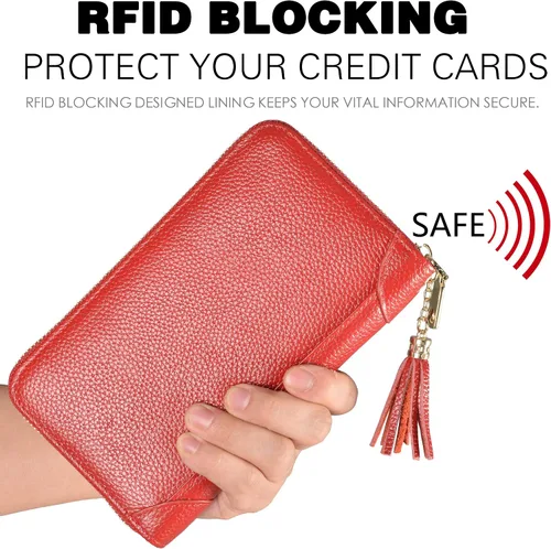 Vista 4 de Easyoulife - Monedero de cuero con cremallera billetera portatarjetas para mujer bloqueo RFID