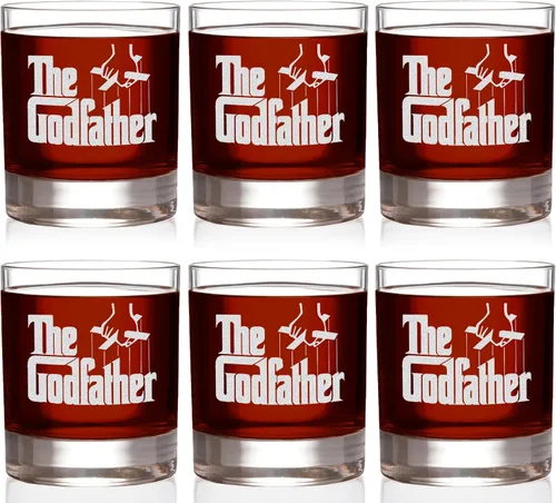 Vista 11 de Vaso de whisky oficial de Godfather Etched Rocks, con logotipo y cita "I'm gonna make him an offer he can't refuse", cristalería artesanal de alta