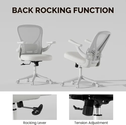 Vista 6 de Ollega Silla de escritorio para computadora con ruedas, silla de oficina de malla con brazos abatibles, soporte lumbar ajustable, silla de Blanco