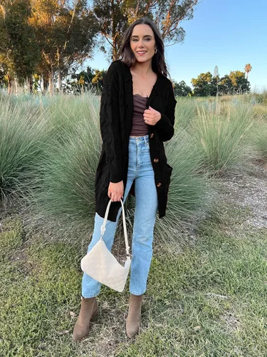 Vista 4 de MASCOMODA Suéter de manga larga con capucha para mujer, suéter de punto trenzado con botones para invierno