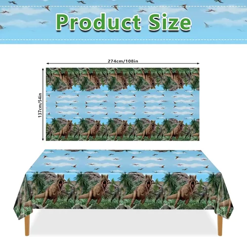 Vista 8 de 2 manteles de fiesta de dinosaurios de 54 x 108 pulgadas, desechables, de plástico, con estampado de dinosaurios, para niños, decoración