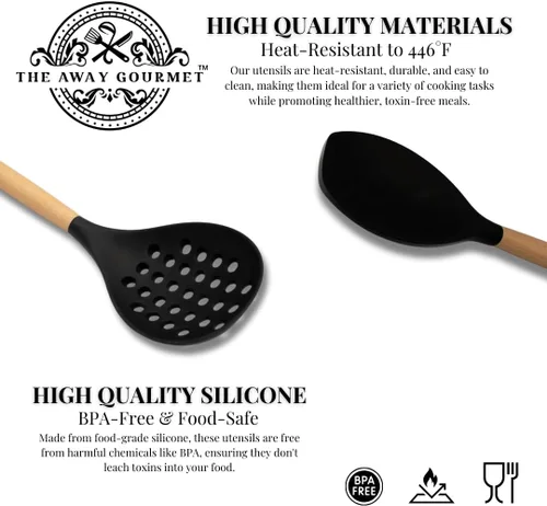 Vista 6 de Juego de utensilios de cocina de 14 piezas, con asas de madera, incluye espátula, batidor, cuchara ranurada, resistente al calor de 446 °F