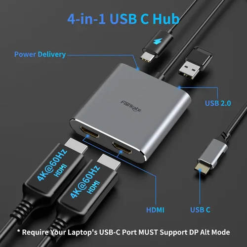 Vista 2 de Adaptador USB C a HDMI Dual 4K@60Hz, 4 en 1 USB C a HDMI Convertidor con carga PD de 100 W USB 3.0, divisor USB C a HDMI Pantalla extendida