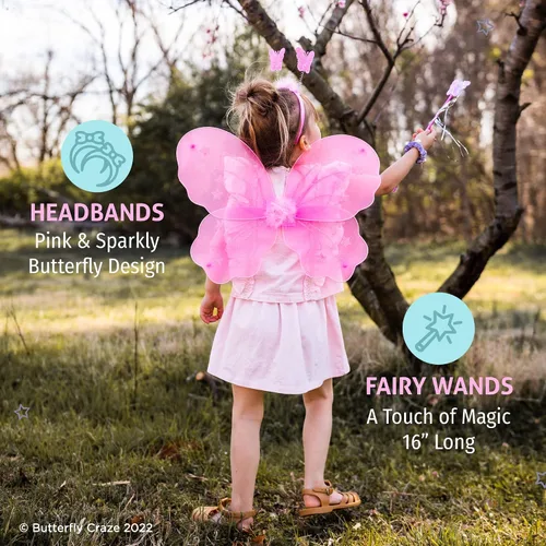 Vista 5 de Butterfly Craze Alas de hadas para niñas con varitas y diademas – Paquete de 6, disfraces y disfraz para niños de 3 años en adelante, estos