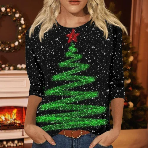 Vista 4 de Funny Christmas Shirts, Women's Fashion T-Shirt Round Neck Casual 34 Sleeve Tops Daily Casual Christmas Print Top