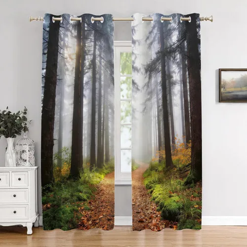 Vista 143 de Cortinas opacas de poliéster multicapa marrón con diseño de bosque natural, 2 unidades, 26 x 24 pulgadas