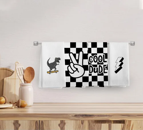 Vista 3 de Juego de 4 toallas de mano a cuadros modernos para niños, decoración de baño para niños, regalos de Dinasours, paños de cocina para cocina, paño