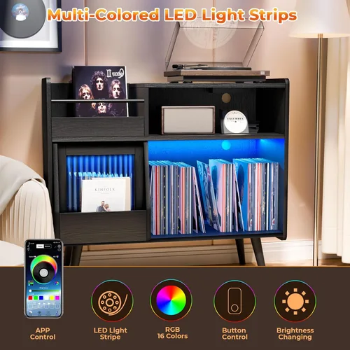 Vista 4 de Soporte grande para tocadiscos con puerta corredera, gabinete de almacenamiento para 350 discos de vinilo, mesa para tocadiscos con toma