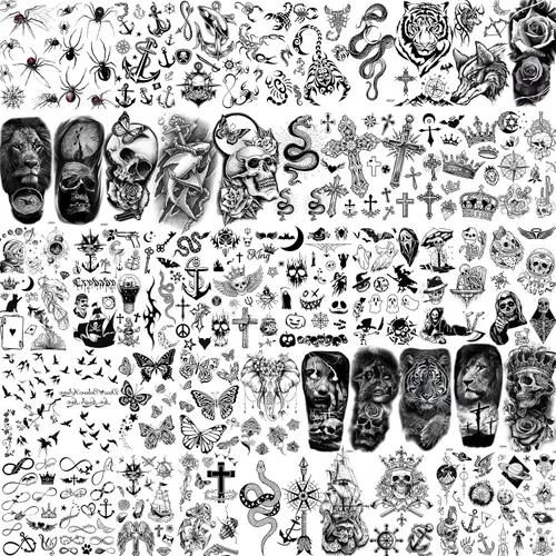 Vista 9 de Bilizar 63 hojas de tatuajes tribales temporales de lobo, león, tigre para hombres, mujeres, adultos, aterradores tatuajes temporales de calavera
