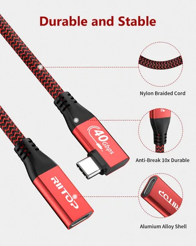 Vista 6 de RIITOP Cable de extensión USB4 de 40 Gbps [2.6 pies, en ángulo], USB tipo C 4.0 macho a hembra, cable en ángulo de 90 grados, compatible