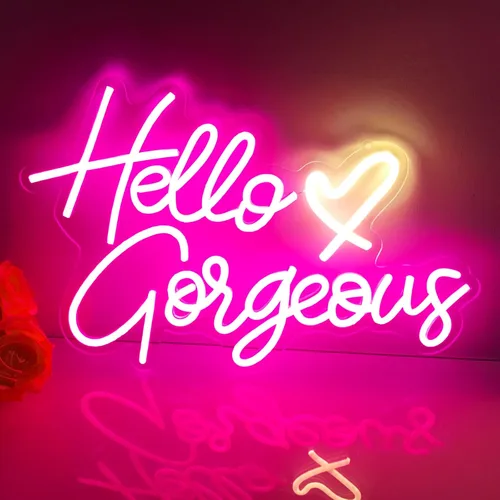 Vista 9 de Letrero de neón con texto en inglés "Hello Gorgeous Neon", luces LED de neón rosadas para el hogar, boda, cumpleaños, telón de fondo, fiesta