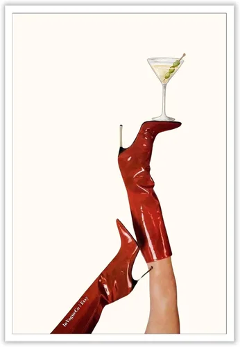 Vista 16 de Póster vintage de Martini con botas rojas de cereza a la moda, póster femenino de cóctel, arte de pared, arte feminista de preparación