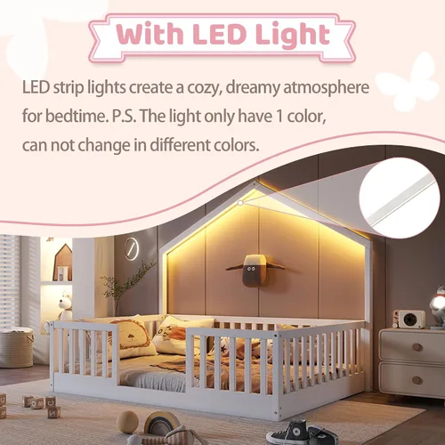 Vista 5 de Cama Montessori Full con rieles altos y luz LED, color blanco
