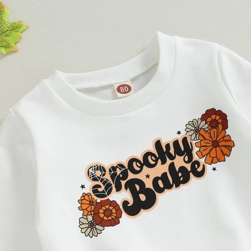 Vista 3 de DuAnyozu Traje de Halloween para bebé niña, camiseta de manga larga, camiseta con letras de calabaza, pantalones de campana, ropa de otoño + diadema