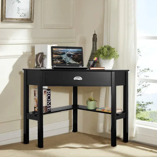 Vista 8 de RELAX4LIFE Escritorio esquinero para computadora triangular con cajón y estantes, mesa estable para computadora portátil, escritorio para oficina