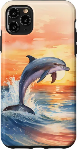 Vista 13 de Dolphin Jumping Sunset Over Ocean Watercolor Art Case for iPhone 17