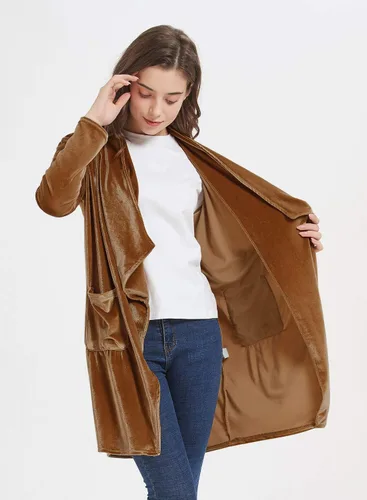 Vista 4 de futurino Women's Solid Long Sleeve Velvet Jacket Open Front Cardigan Coat with Pockets Outerwear