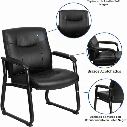 Vista 4 de Flash Furniture HERCULES Series Big & Tall - Silla de recepción lateral ejecutiva LeatherSoft negra de 500 libras con base de trineo