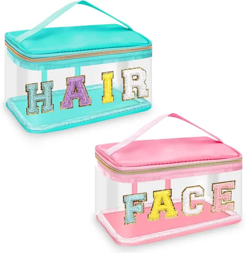 Vista 15 de izuzta Bolsas de maquillaje transparentes con letras de chenilla, bolsa de maquillaje de parche preppy con asa