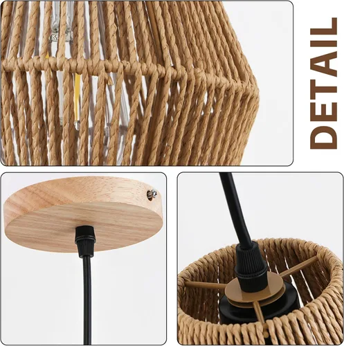 Vista 5 de Lámpara colgante de ratán tejido bohemio, 7 pulgadas, mini lámpara colgante con jaula de trabajo manual, iluminación colgante pequeña natural