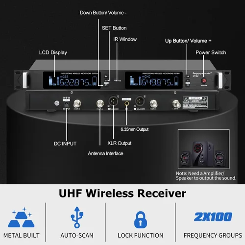 Vista 2 de Sistema de micrófono inalámbrico UHF profesional, micrófono de metal de 2 canales, juego de 2 micrófonos inalámbricos de mano, escaneo automático, 2