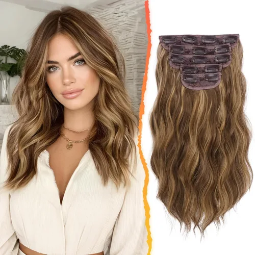 Vista 15 de BARSDAR Extensiones de cabello ondulado con clip negro marrón - 14 pulgadas, extensiones de cabello corto ondulado con clip para mujer - 5 piezas