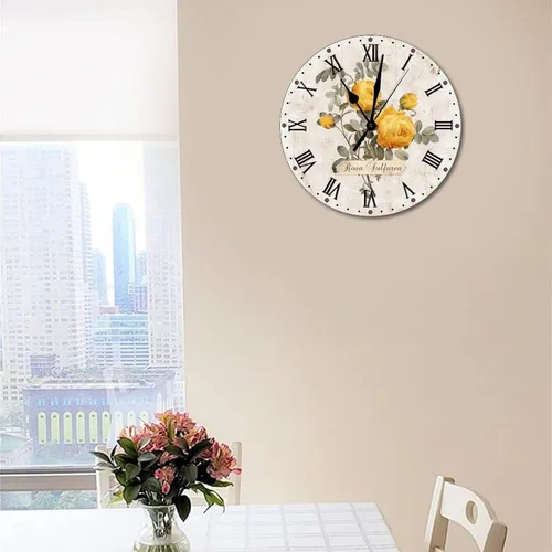 Vista 4 de Reloj de pared silencioso de 10 pulgadas con diseño floral de amistad, con rosas amarillas, funciona con pilas, para dormitorio, para escuela