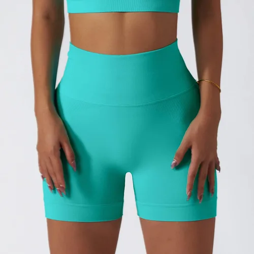 Vista 18 de Conjuntos de entrenamiento para mujer, 2 piezas, sin costuras, acanalada, sin mangas, brasier deportivo, cintura alta, pantalones cortos