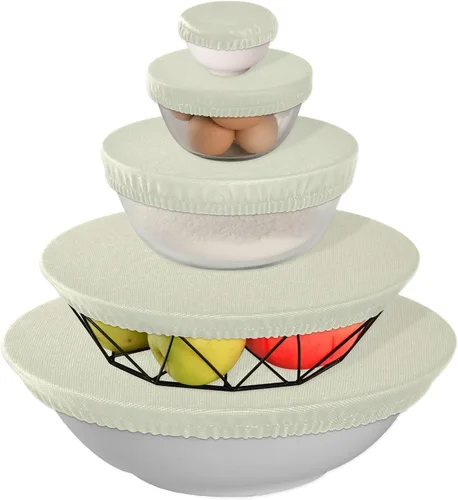 Vista 3 de 5 fundas elásticas reutilizables para cuencos de almacenamiento de alimentos, tapas de tela elástica con 5 tamaños diferentes, resistentes al calor