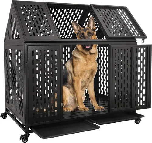 Vista 8 de Jaulas resistentes de 44 pulgadas para perros grandes, jaula indestructible a prueba de escapes con ruedas bloqueables, doble puerta de alta