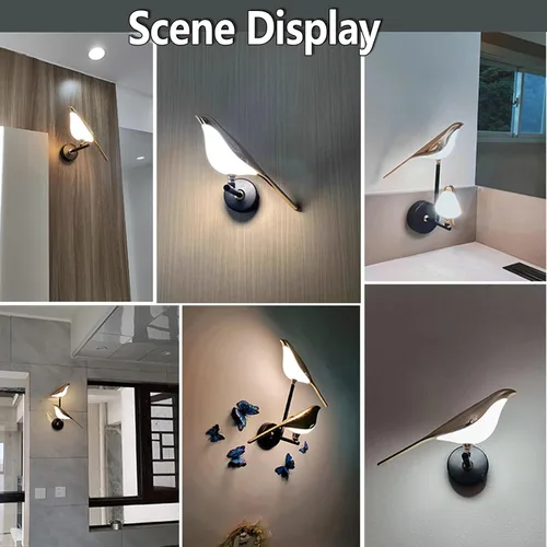 Vista 7 de Lámpara de pared LED de urraca, de dirección ajustable, diseño de pájaro giratorio moderno, luz de cabecera para dormitorio, sala de estar, hotel